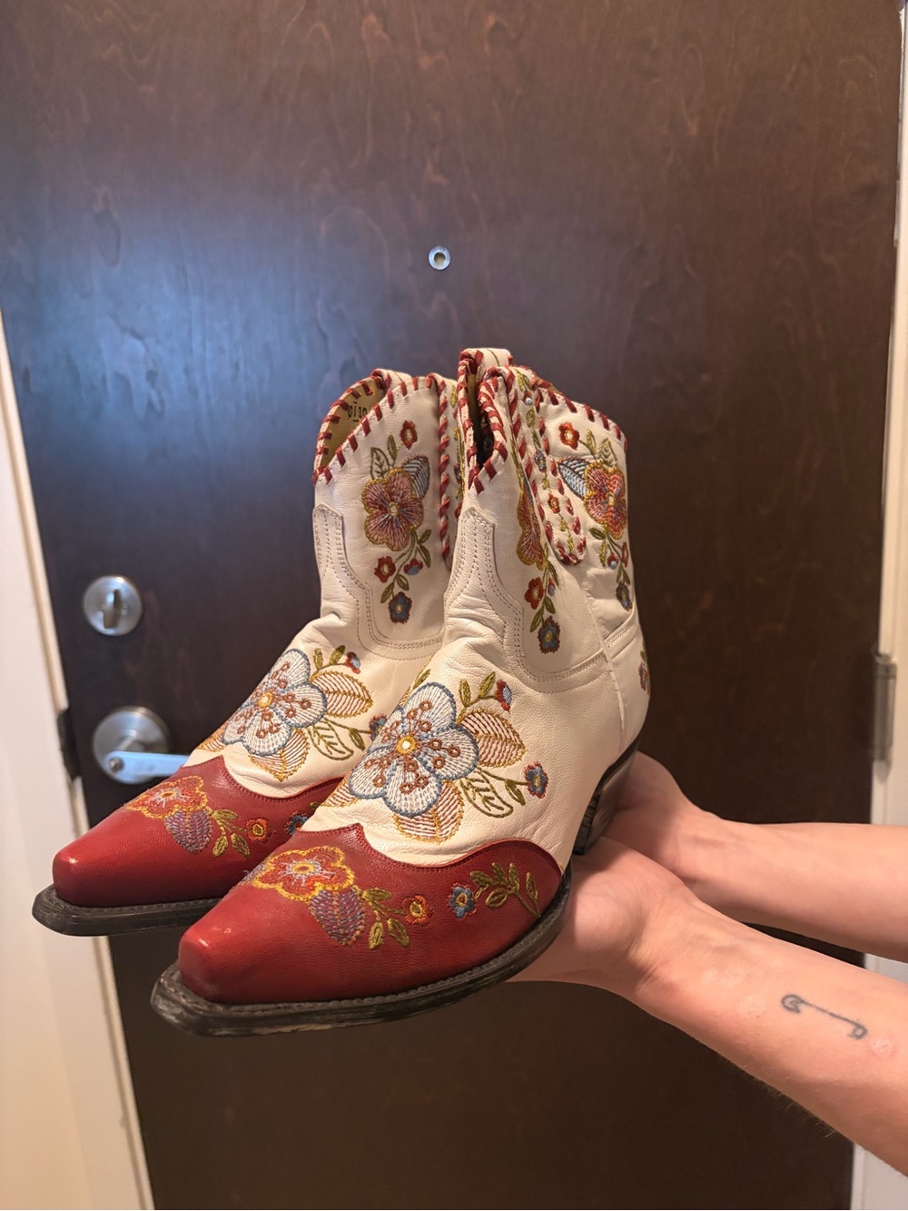 Embroidered Red and White Western Ankle Boots